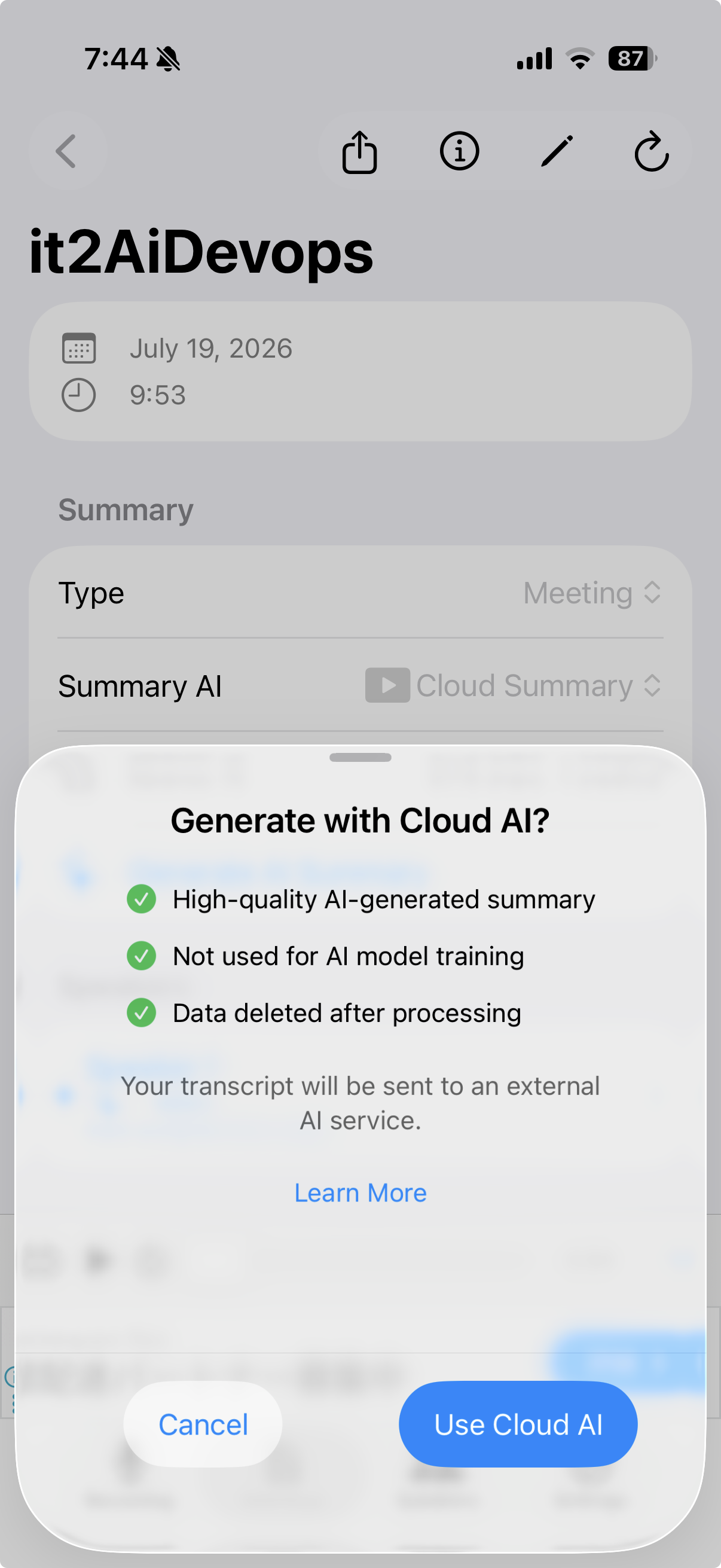 Cloud AI consent screen