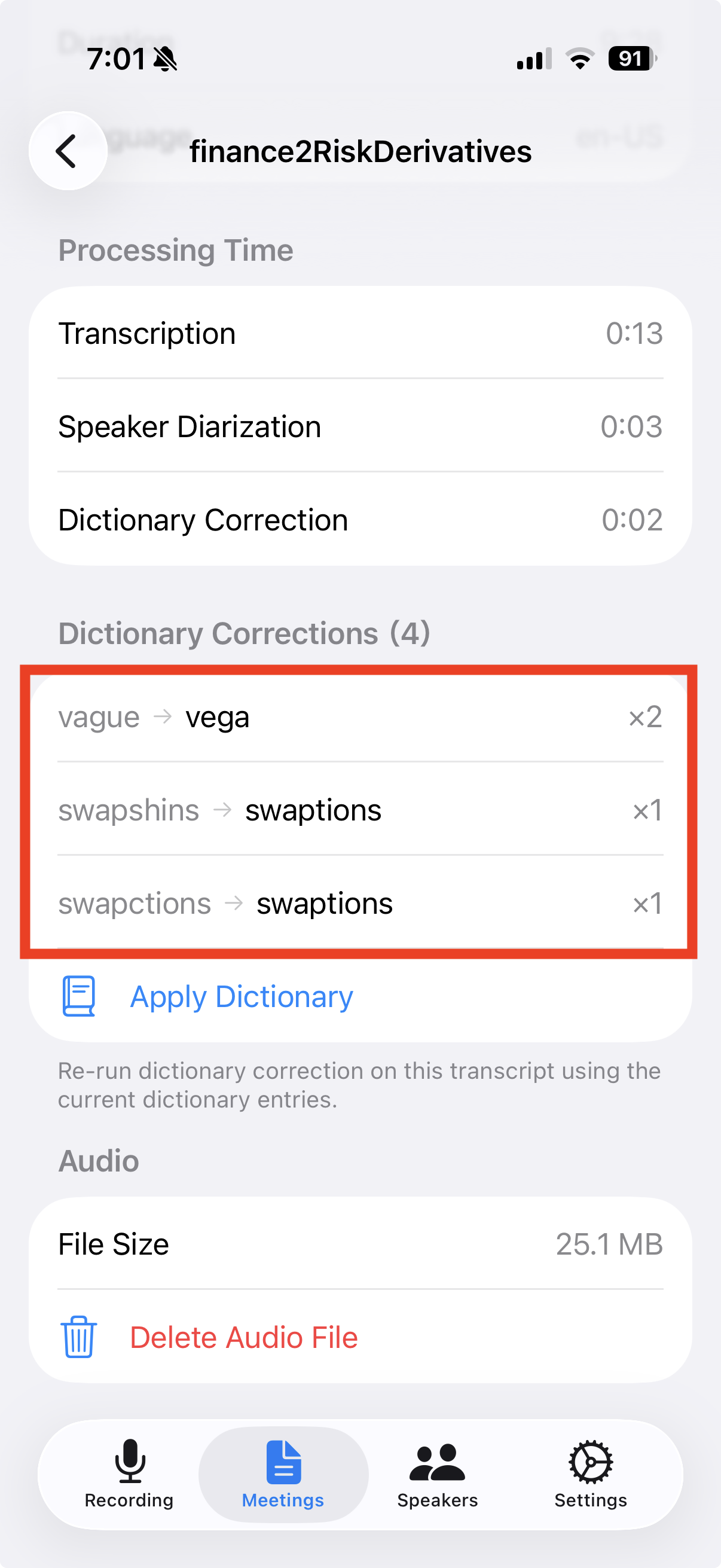 Dictionary correction list on Meeting Info