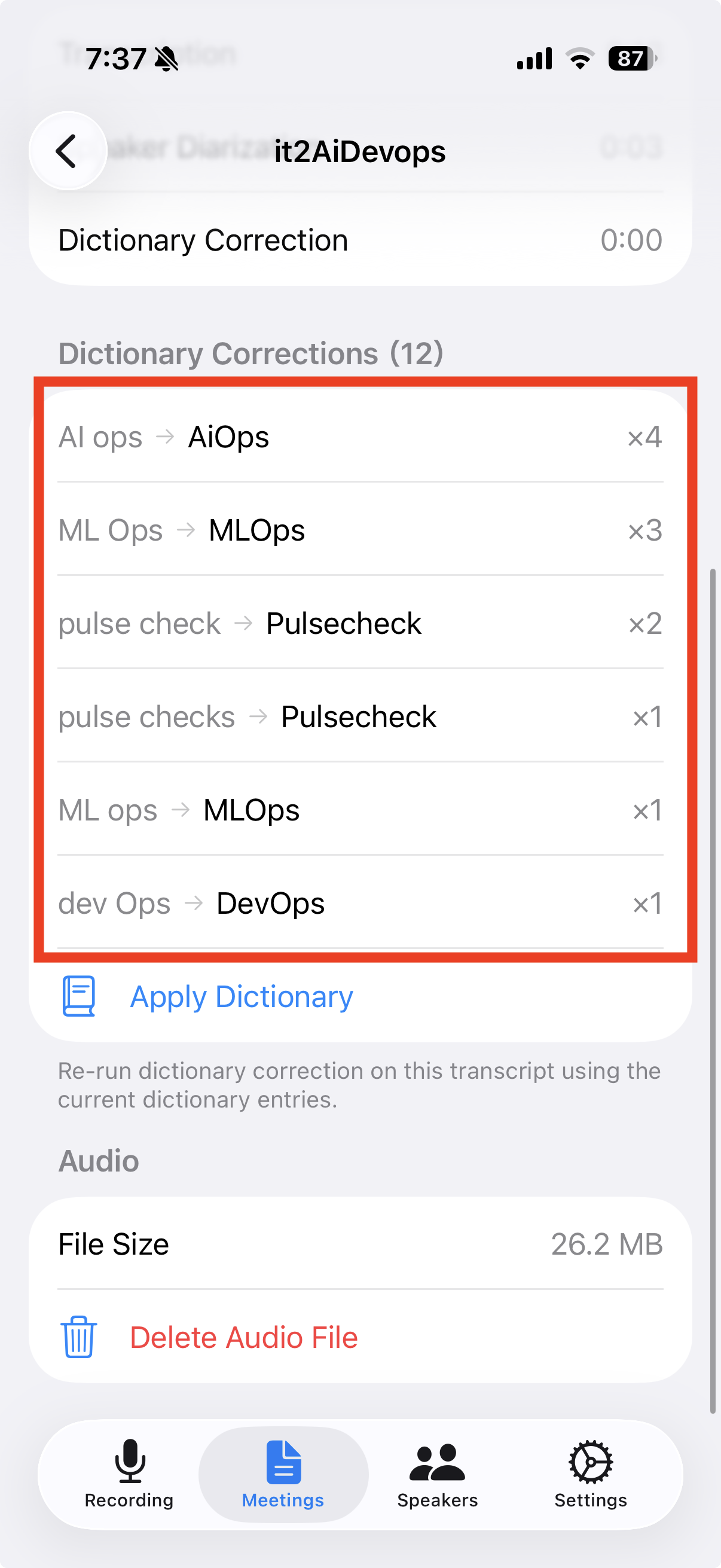 Dictionary correction list after applying