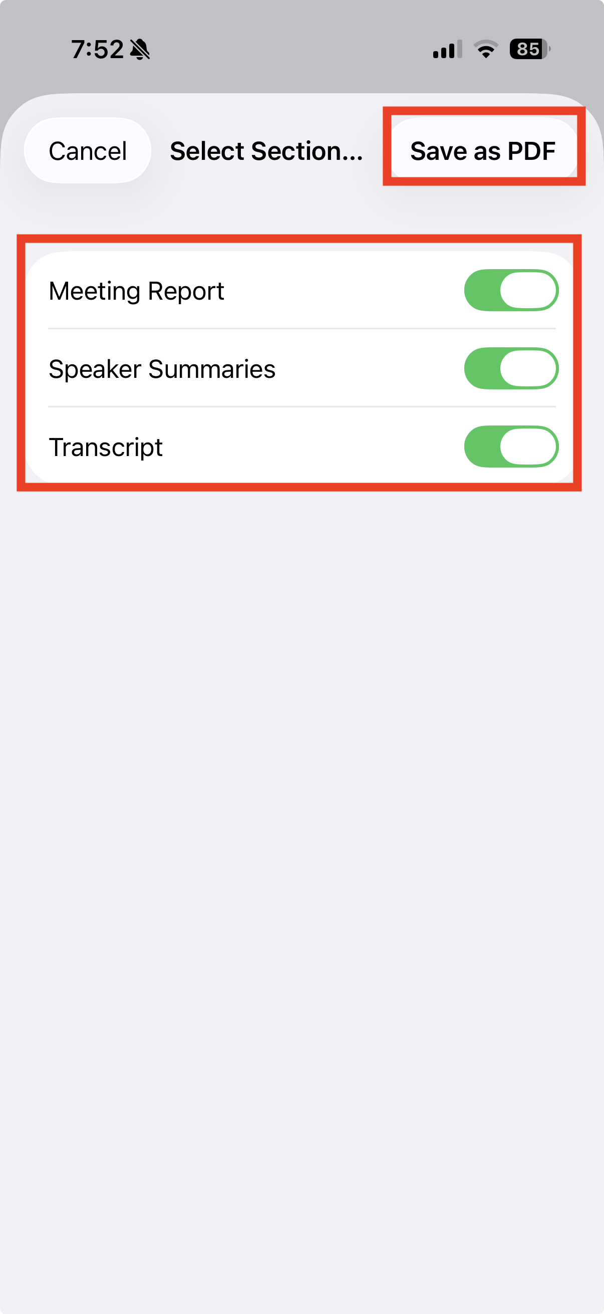 Section selection screen