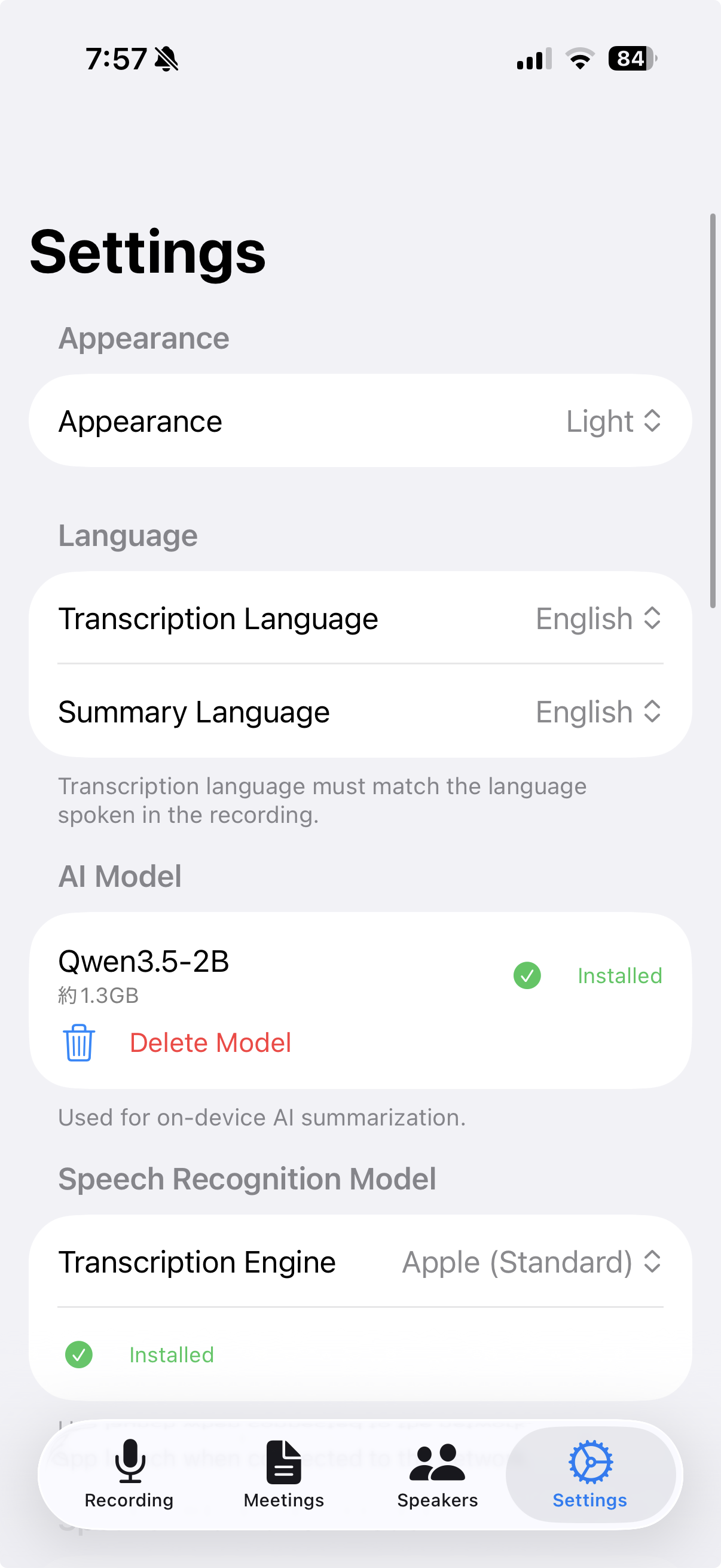 Settings screen