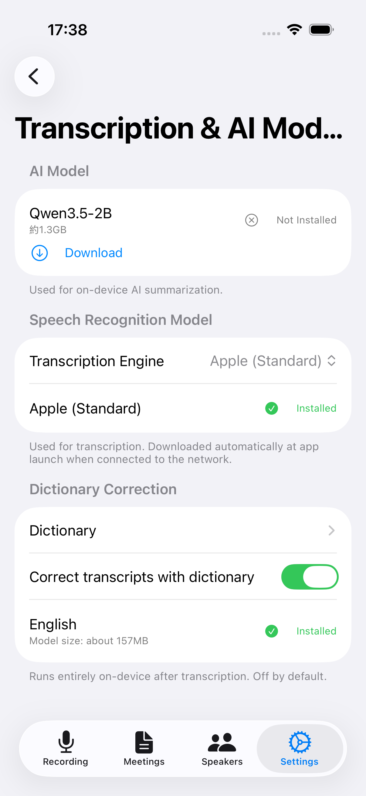 Transcription & AI Models settings screen
