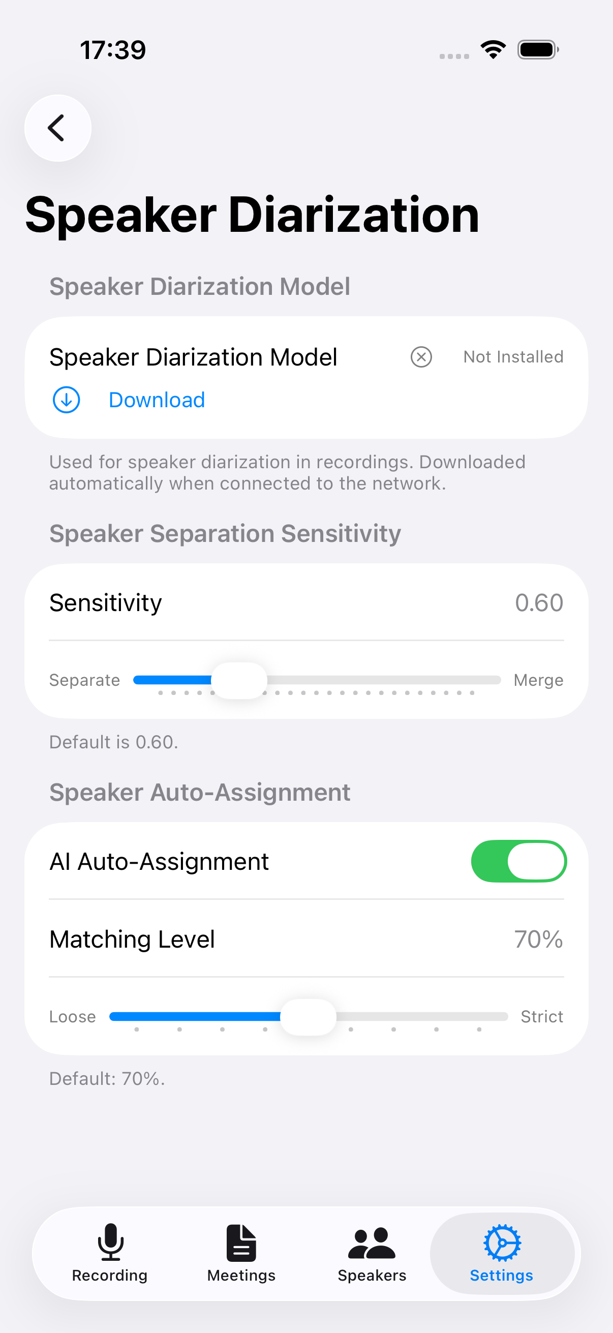 Speaker Diarization settings screen