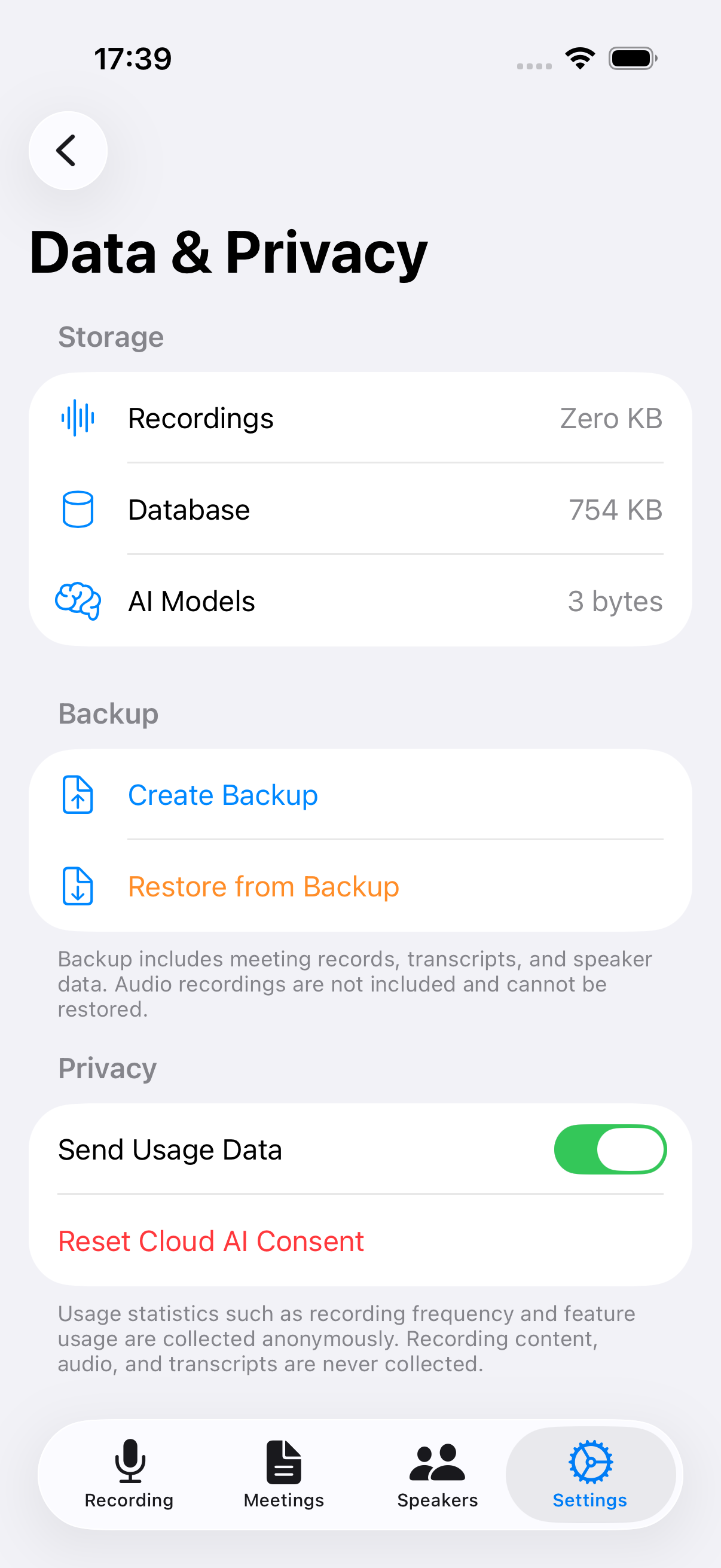 Data & Privacy settings screen